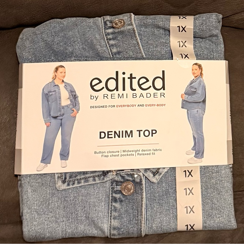 Edited by Remi Bader Denim Top Womens 1X Button Closure Midweight Denim Fabric